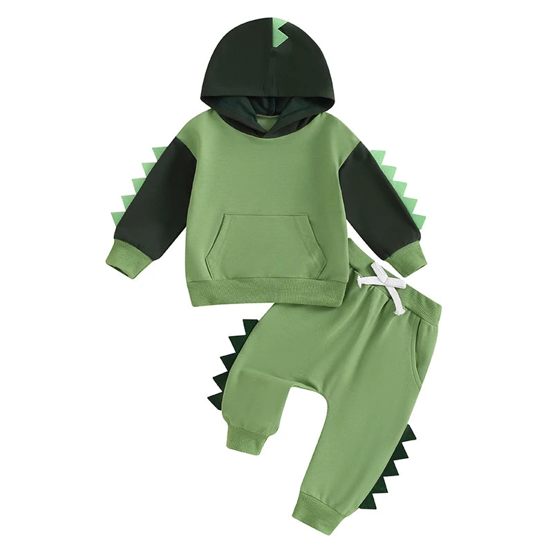 2024-05-27 Lioraitiin Toddler Boy Dinosaur Outfits, Contrast Color Long Sleeve Hoodie Elastic Waist Pants 2 Piece Set for Fall