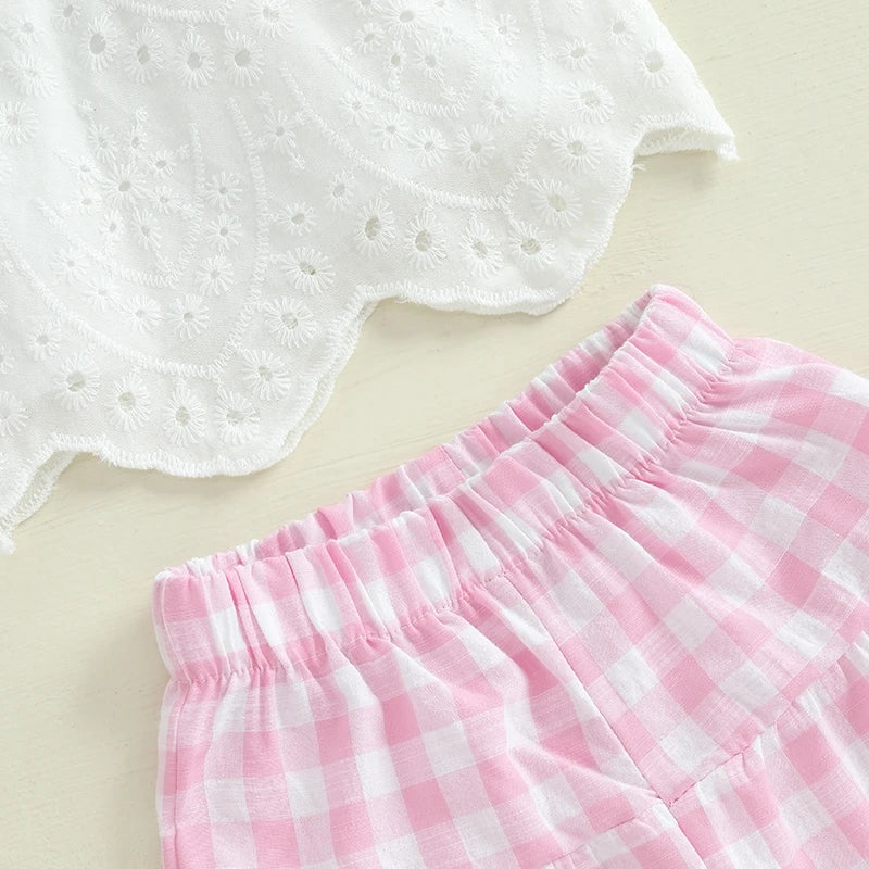 2024-12-02 Lioraitiin Toddler Girl Summer Clothes Eyelet Embroidery Cami Tops+Elastic Waist Plaid Print Wide Leg Pants 2Pcs Set