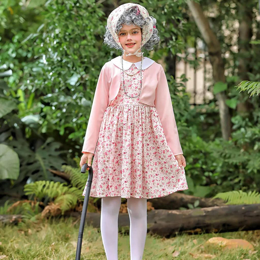 100 Days School Children Dress 100 Days Old Lady Costume Girls Grandma Outfit Old Grandma Cardigan Dresses Sets For Girl Clothes