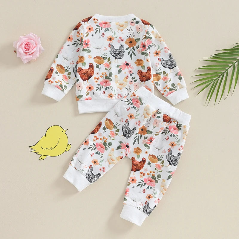 Citgeett Autumn Toddler Baby Girl Fall Clothes Set Flower Print Long Sleeve Tops Elastic Waist Pants Outfit Clothes