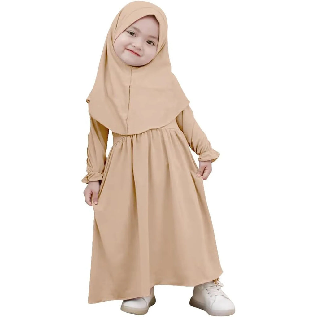 Baby Girl Auntie Outfits Muslim Abaya And Headscarf Set For Girls Pure Color Robe With Hijab Clothes for Girls 2t