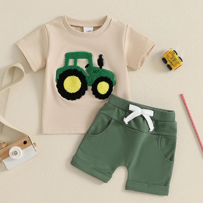 2024-11-21 Lioraitiin Toddler Boys Summer Outfit Truck Embroidered O-Neck Short Sleeve T-Shirts Elastic Waist Shorts Clothes Set