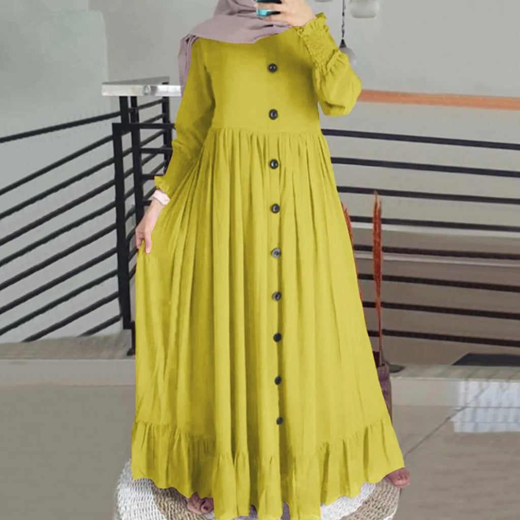 Women Muslim Dubai Abaya Turkey Hijab Dress Turkey Autumn Long Sleeve Buttons Down Sundress Islam Clothing Abayas Maxi Vestidos