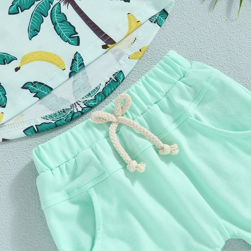 2023-04-21 Lioraitiin 0-3Years Toddler Baby Boy 2Pcs Summer Clothes Beach Tree Print Short Sleeve Crew Neck T-Shirts Shorts