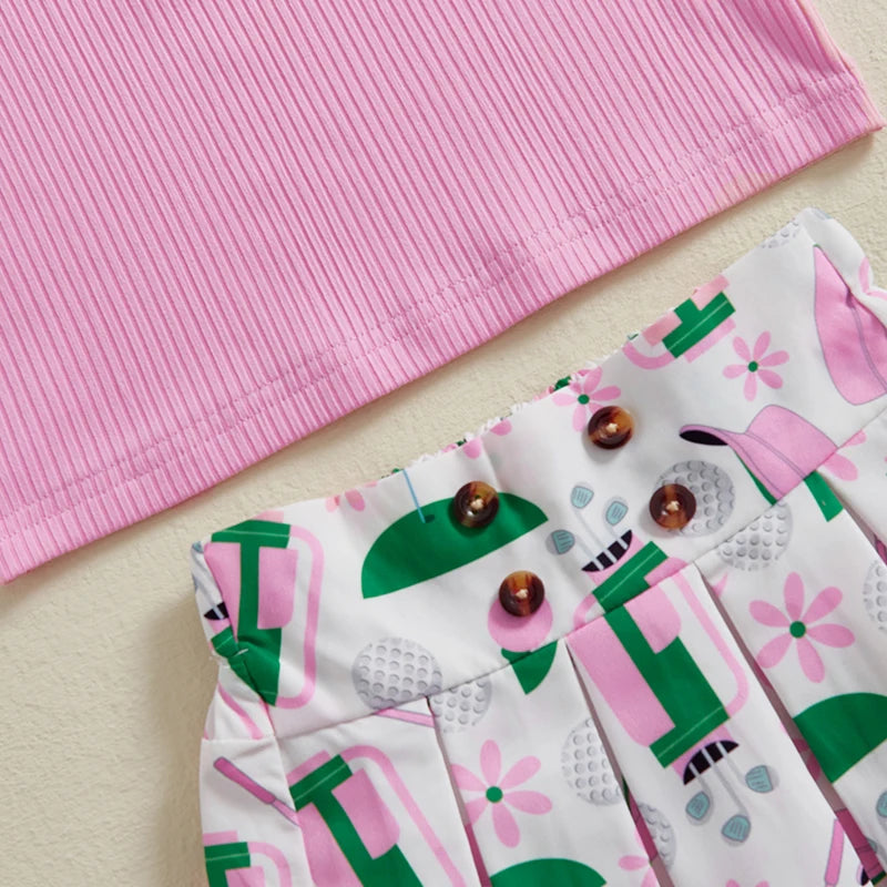 Kids Girl Outfit Lapel Sleeveless Tank Tops and Golf Print Pleated A-Line Skirt Set for Toddler Summer Clothes