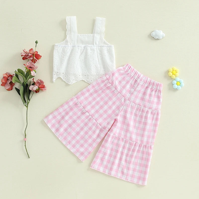 2024-12-02 Lioraitiin Toddler Girl Summer Clothes Eyelet Embroidery Cami Tops+Elastic Waist Plaid Print Wide Leg Pants 2Pcs Set