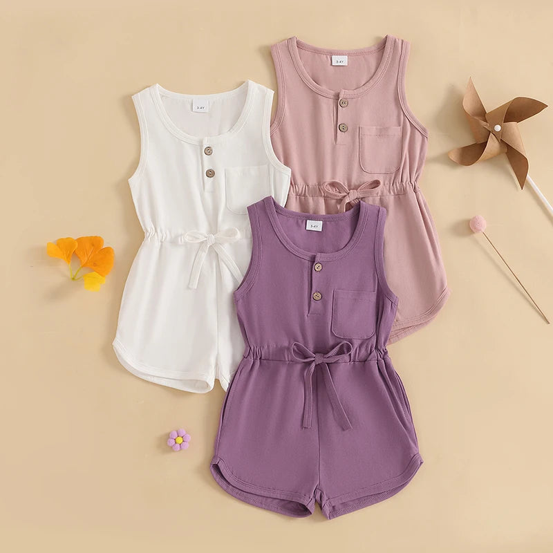 2024-12-04 Lioraitiin Litter Girls Summer Casual Jumpsuit Sleeveless Crewneck Solid Color Drawstring Tank Romper