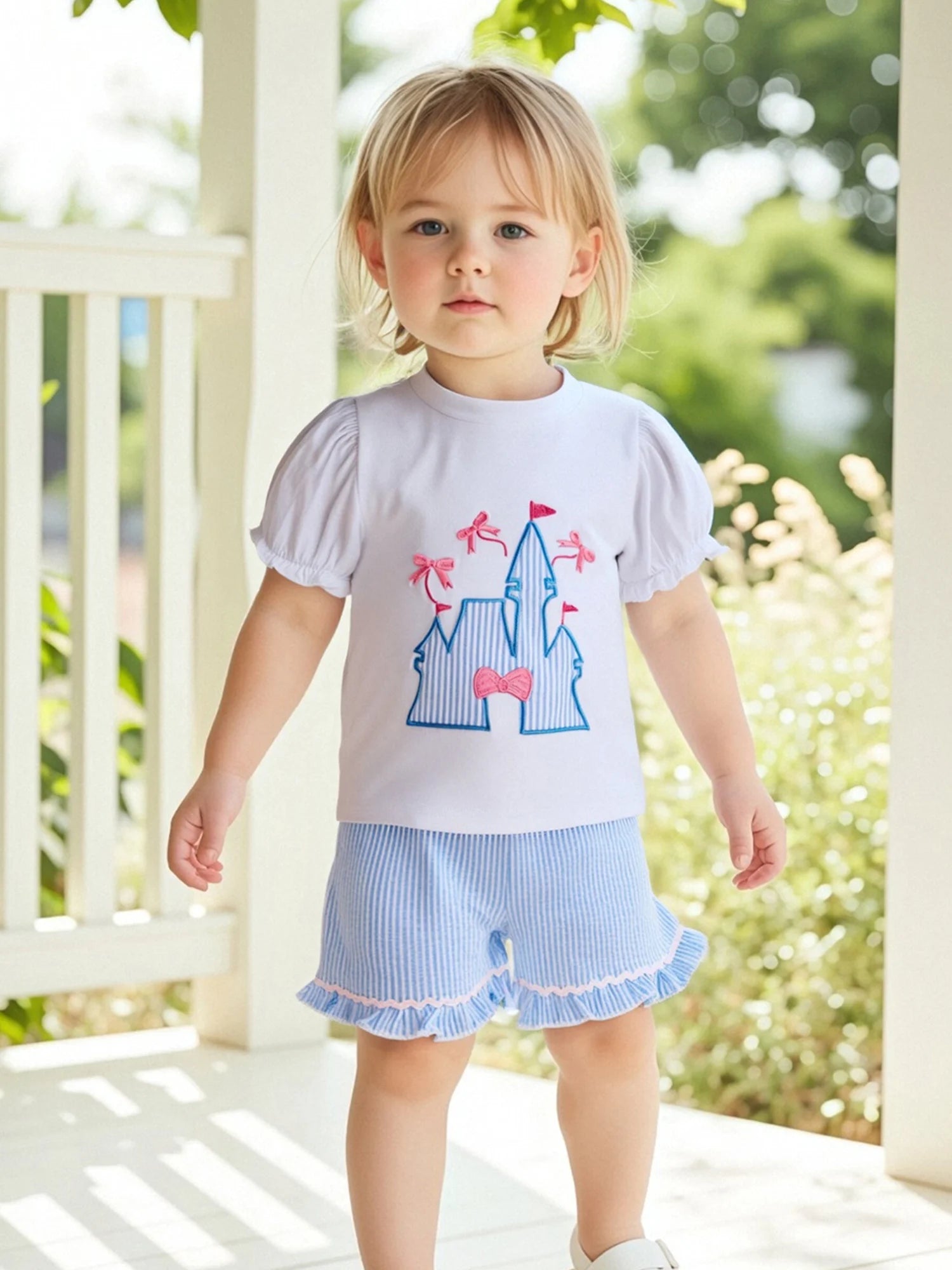2025-04-06 Lioraitiin Toddler Girls Summer Outfit Bow Embroidery Short Sleeves T-Shirt and Elastic Striped Shorts Set Clothes