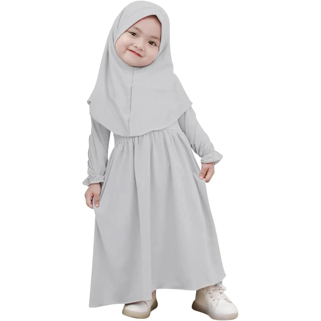 Baby Girl Auntie Outfits Muslim Abaya And Headscarf Set For Girls Pure Color Robe With Hijab Clothes for Girls 2t