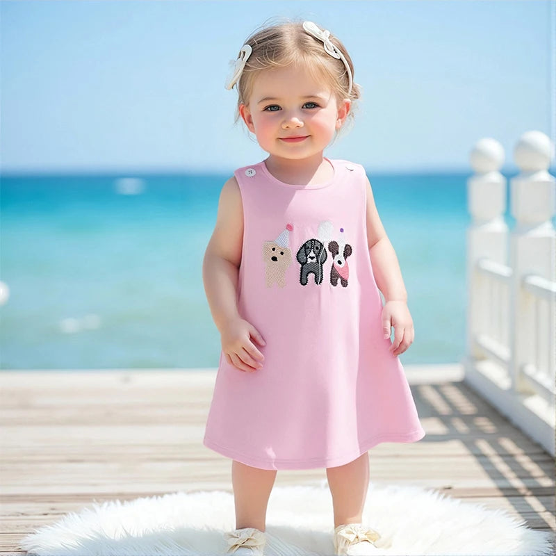 2025-04-01 Lioraitiin Toddler Baby Girl Birthday Dress Dog Embroidered Round Neck Sleeveless Tank Dress Cute Summer Clothes