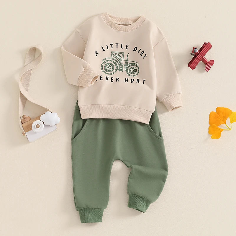 2024-05-27 Lioraitiin Baby Boy Fall Outfits Long Sleeve Tractor Letter Print Tops + Pants Set Toddler Winter Warm Clothes