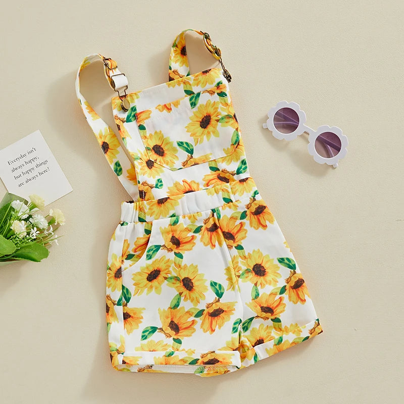 2024-01-09 Lioraitiin 0-6Y Toddler Kids Girls Jean Overalls Shorts Sunflowers Print Sleeveless Adjustable Strpas Denim Jumpsuit