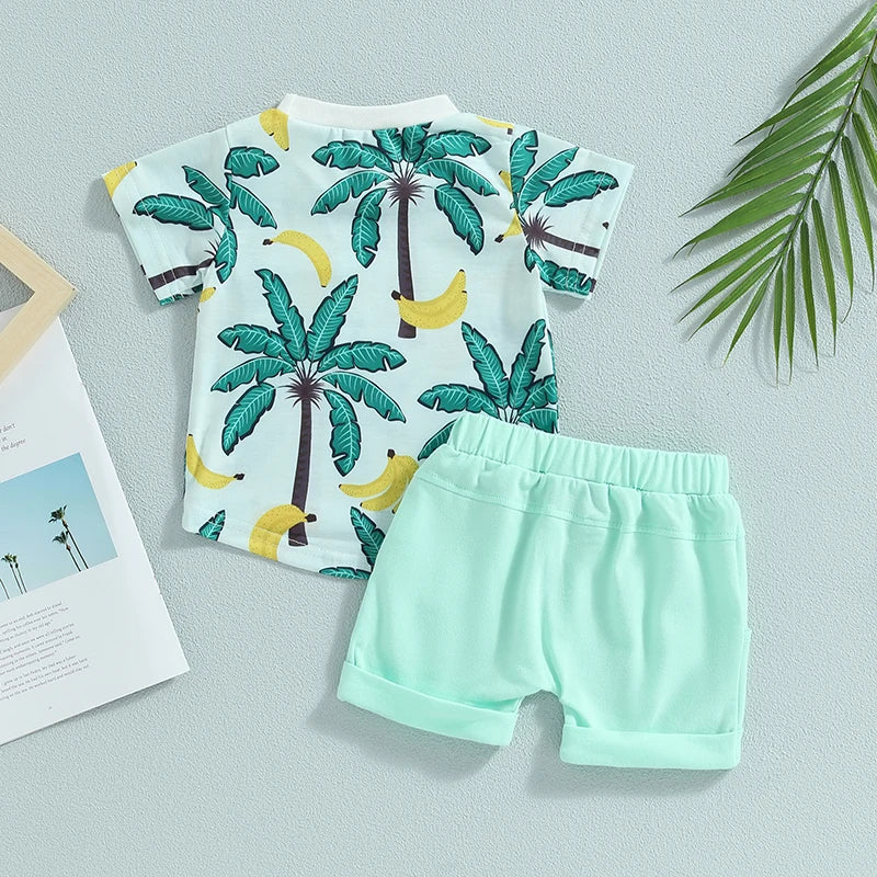 2023-04-21 Lioraitiin 0-3Years Toddler Baby Boy 2Pcs Summer Clothes Beach Tree Print Short Sleeve Crew Neck T-Shirts Shorts