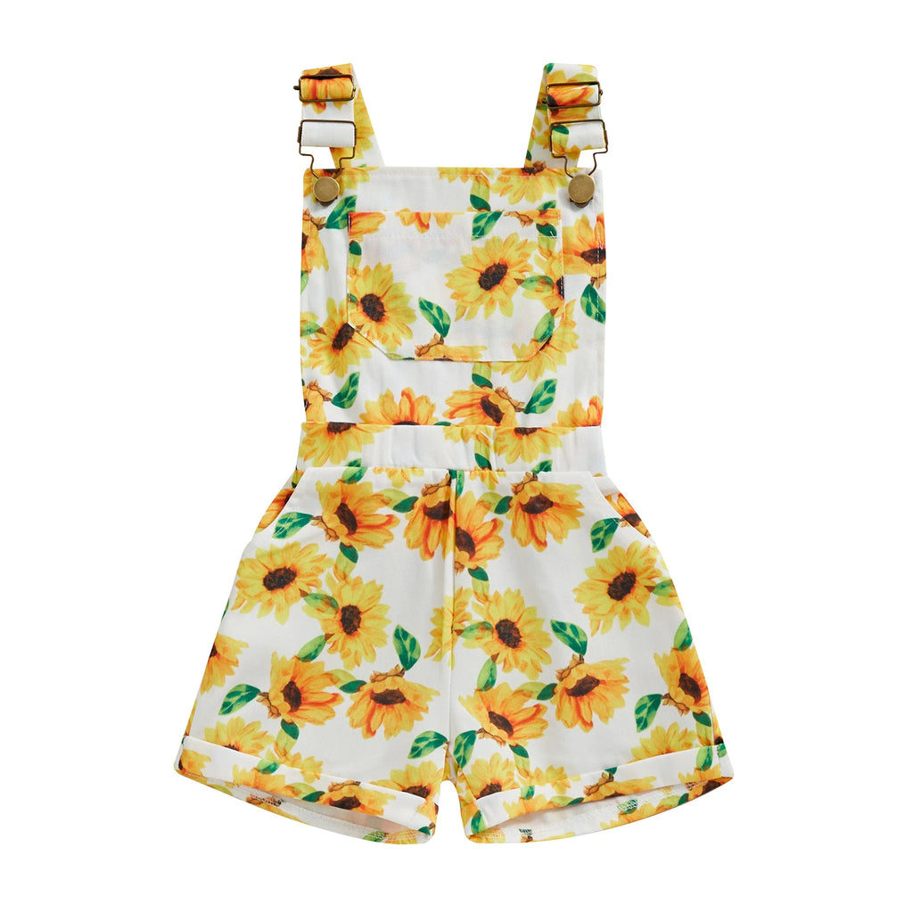 2024-01-09 Lioraitiin 0-6Y Toddler Kids Girls Jean Overalls Shorts Sunflowers Print Sleeveless Adjustable Strpas Denim Jumpsuit