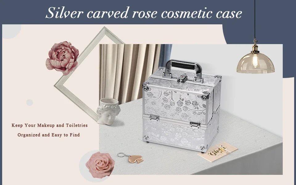 Makeup Train Case Cosmetic Organizer Case Portable Travel Storage Box 4 trays with Dividers Lockable Make Up Case Makeup Case