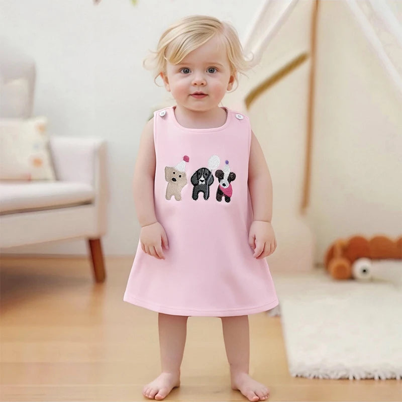 2025-04-01 Lioraitiin Toddler Baby Girl Birthday Dress Dog Embroidered Round Neck Sleeveless Tank Dress Cute Summer Clothes