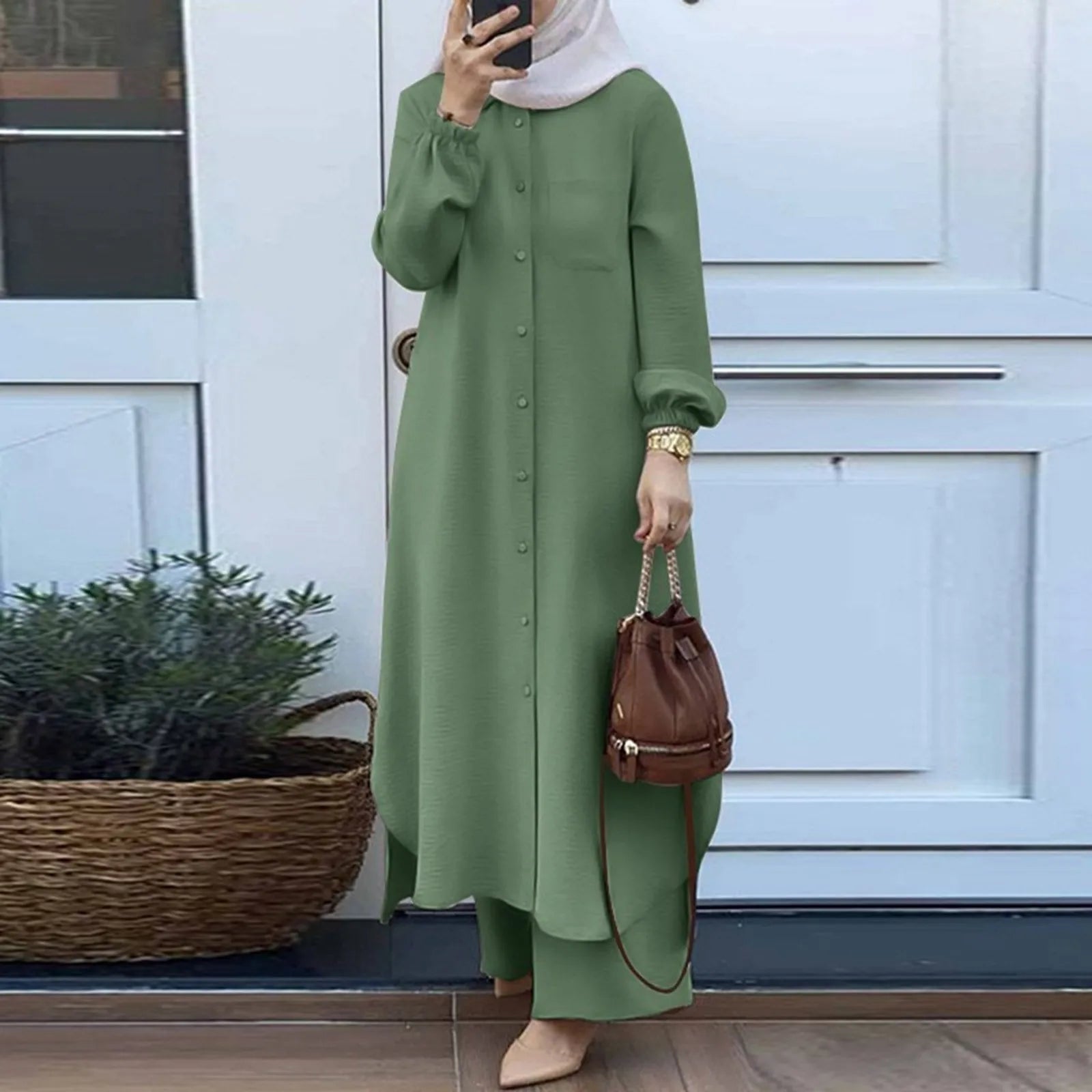 Muslim Sets Turkey Dubai Abaya Women Long Sleeve Buttons Up Shirt Set Causal Pants Suits Abayas For Women IsIamic Outifits