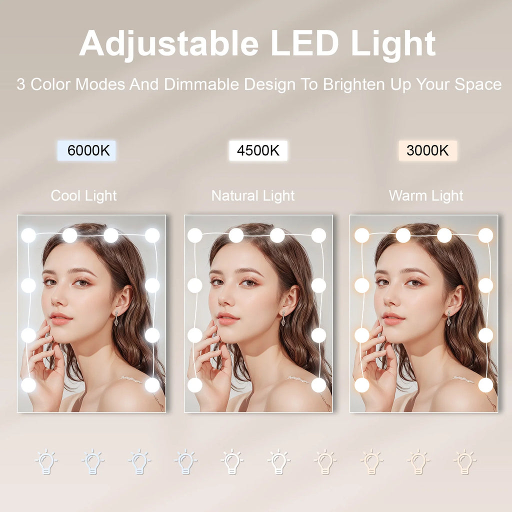 Modern White Dressing Table Stool Set with LED Light Mirror Vanity Make up Desk