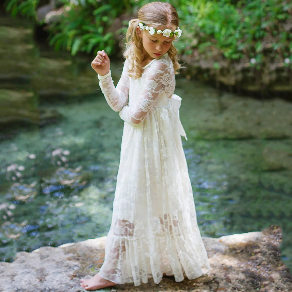 1st Birthday Outfit Girl Children's Lace Dress Dress Tie Belt Girls Chic Long Flower Girl Dresses Girl Bubble Dress