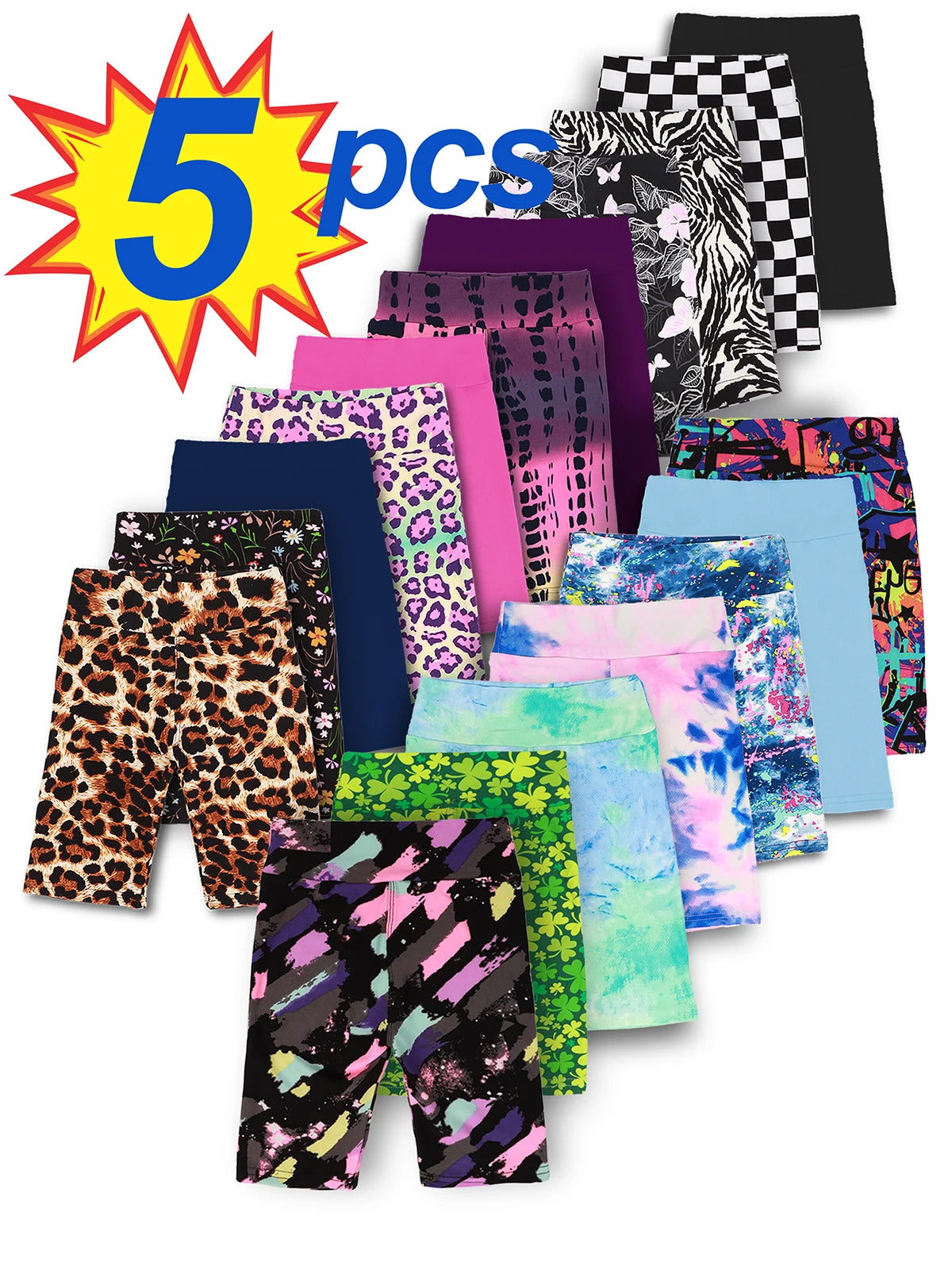 Random 5pcs girls yoga band soft stretchy biker shorts, high waist bermuda short leggings for children dancing sports