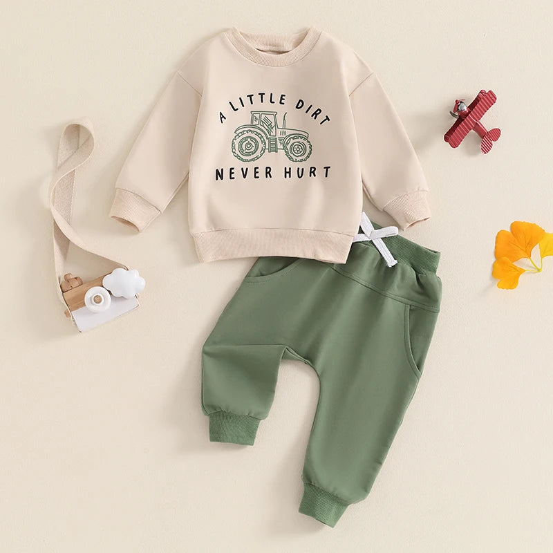2024-05-27 Lioraitiin Baby Boy Fall Outfits Long Sleeve Tractor Letter Print Tops + Pants Set Toddler Winter Warm Clothes