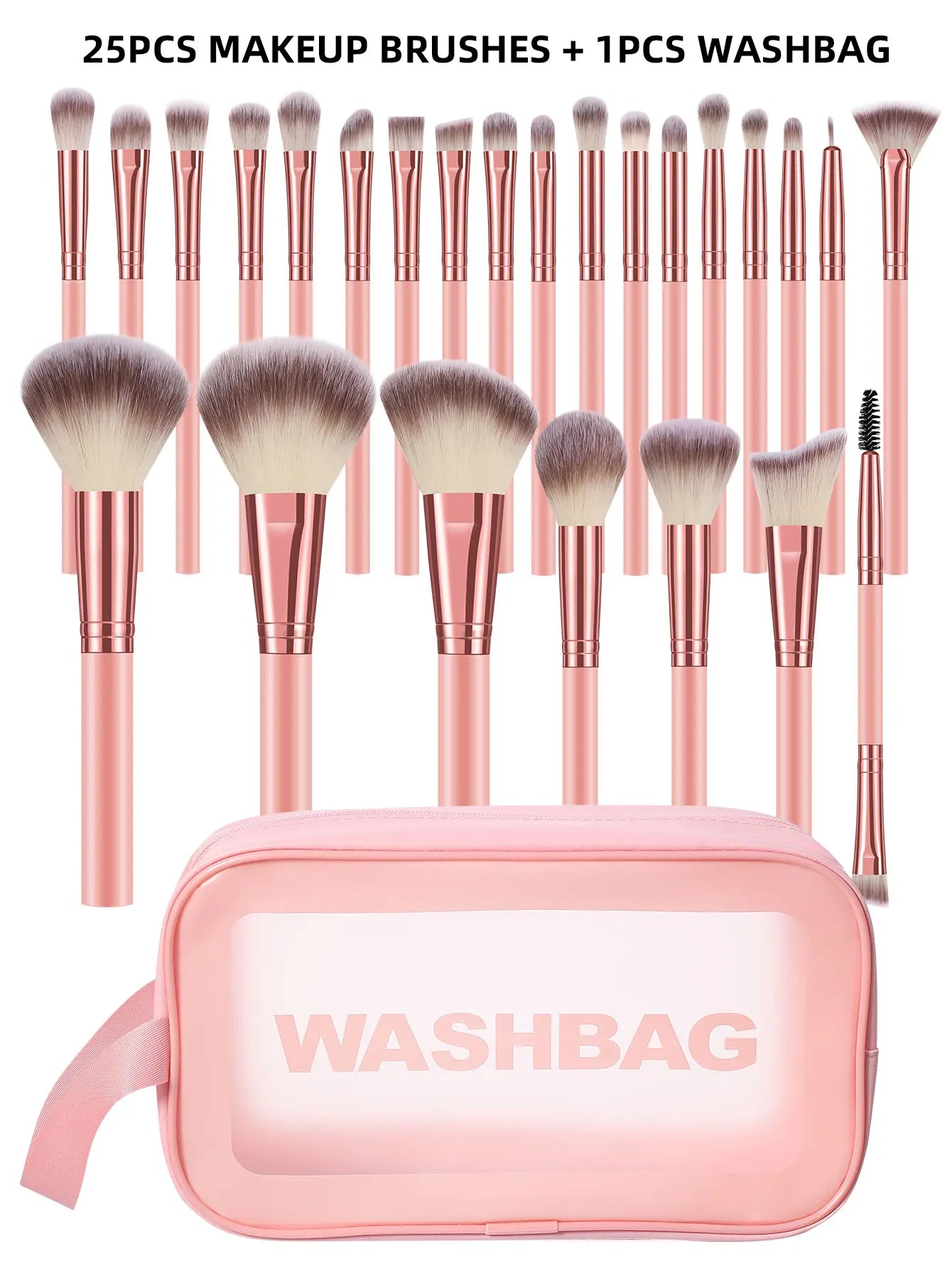 50PCS Makeup Tools:1PC cosmetic bag+25PCS Makeup brush set+9PCS Makeup Sponges+9PCS Powder Puffs+6PCS Makeup Tools