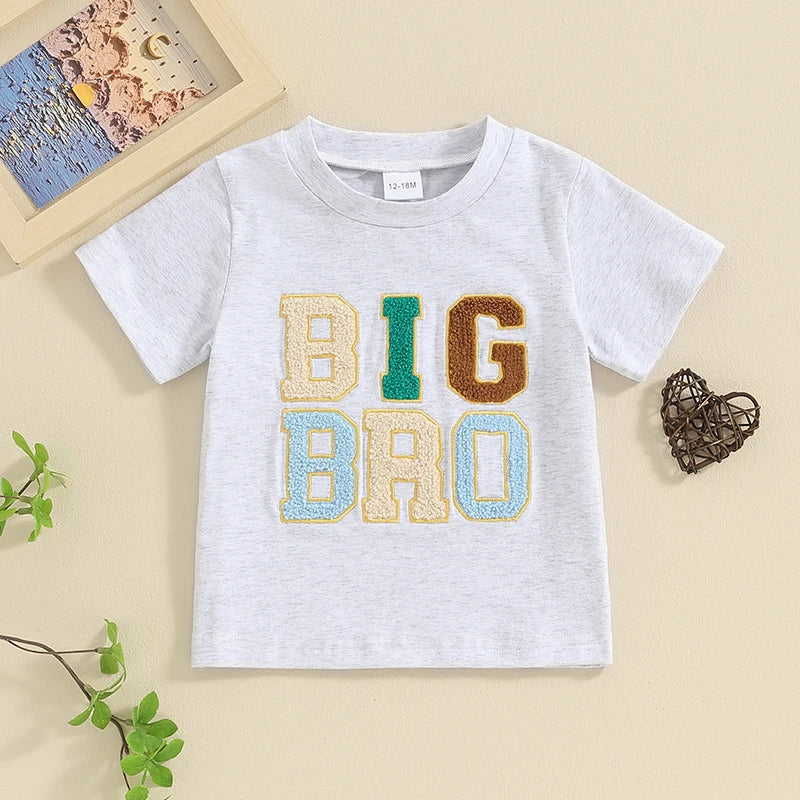 2024-01-11 Lioraitiin Summer Toddler Baby Boy T-Shirts Rompers BIG BRO Fuzzy Embroidered Letter Crewneck Short Sleeve Tops