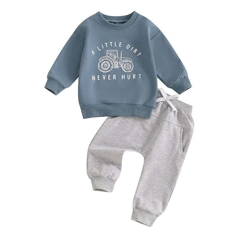 2024-05-27 Lioraitiin Baby Boy Fall Outfits Long Sleeve Tractor Letter Print Tops + Pants Set Toddler Winter Warm Clothes