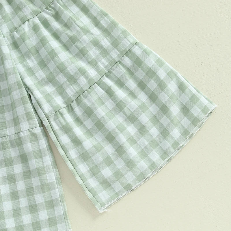 2024-12-02 Lioraitiin Toddler Girl Summer Clothes Eyelet Embroidery Cami Tops+Elastic Waist Plaid Print Wide Leg Pants 2Pcs Set