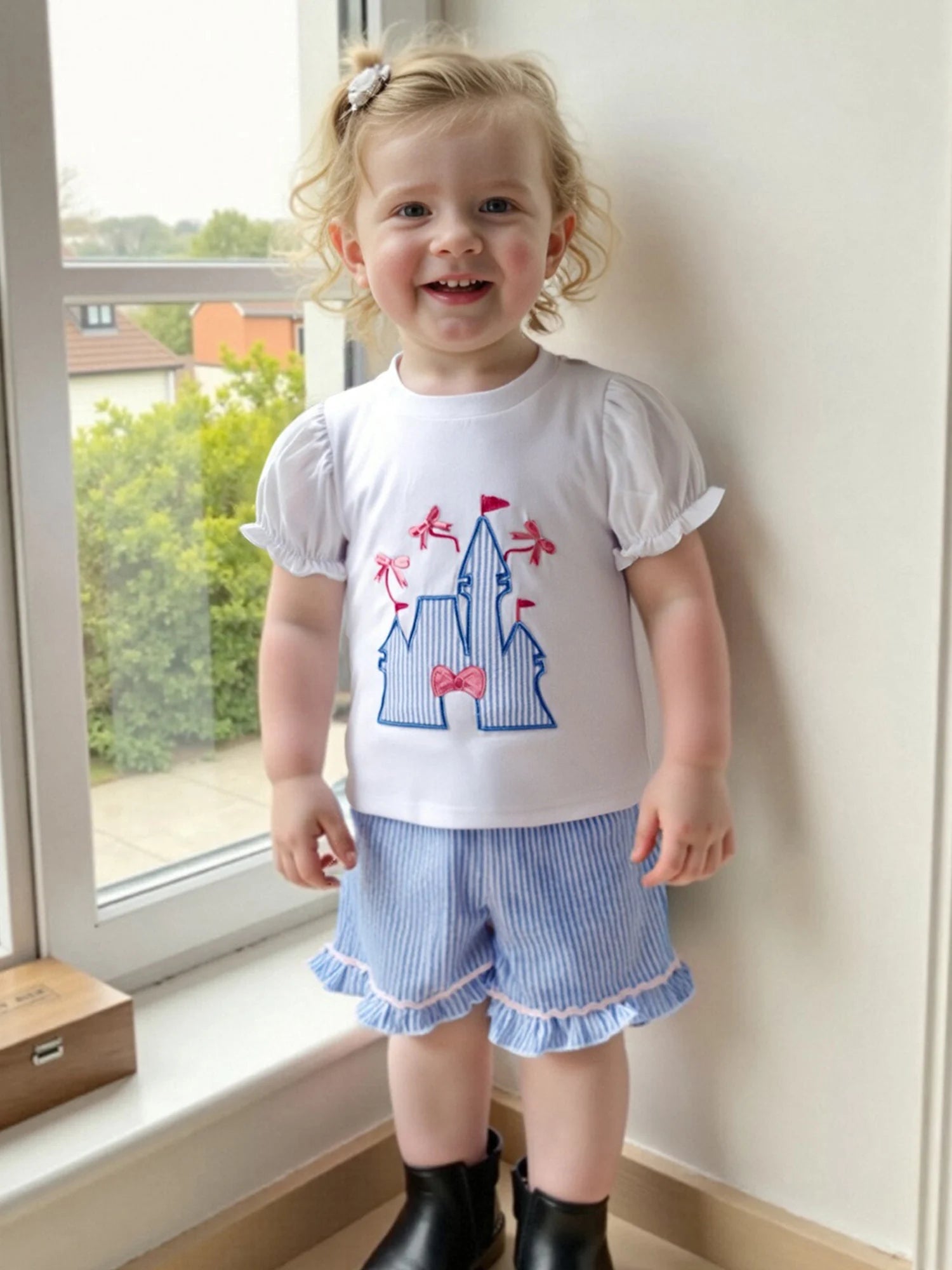 2025-04-06 Lioraitiin Toddler Girls Summer Outfit Bow Embroidery Short Sleeves T-Shirt and Elastic Striped Shorts Set Clothes