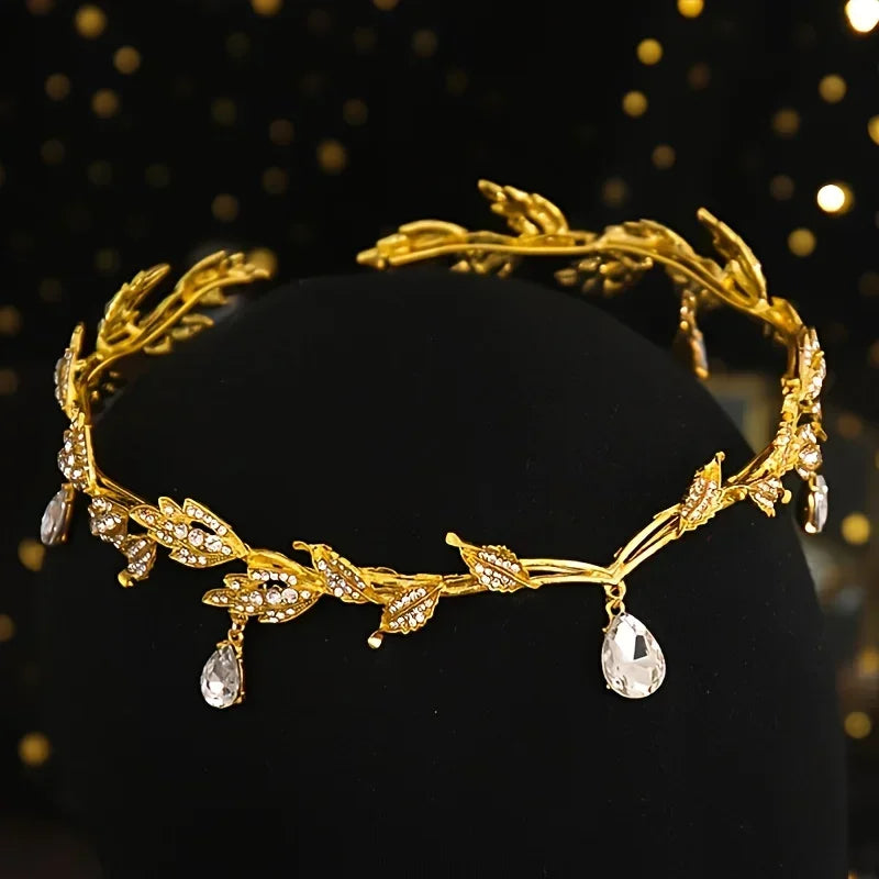 Vintage Crystal Rhinestone Waterdrop Leaf Tiara Crown Headband Wedding Hair Accessories Frontlet Bridesmaid Bridal Hair Jewelry