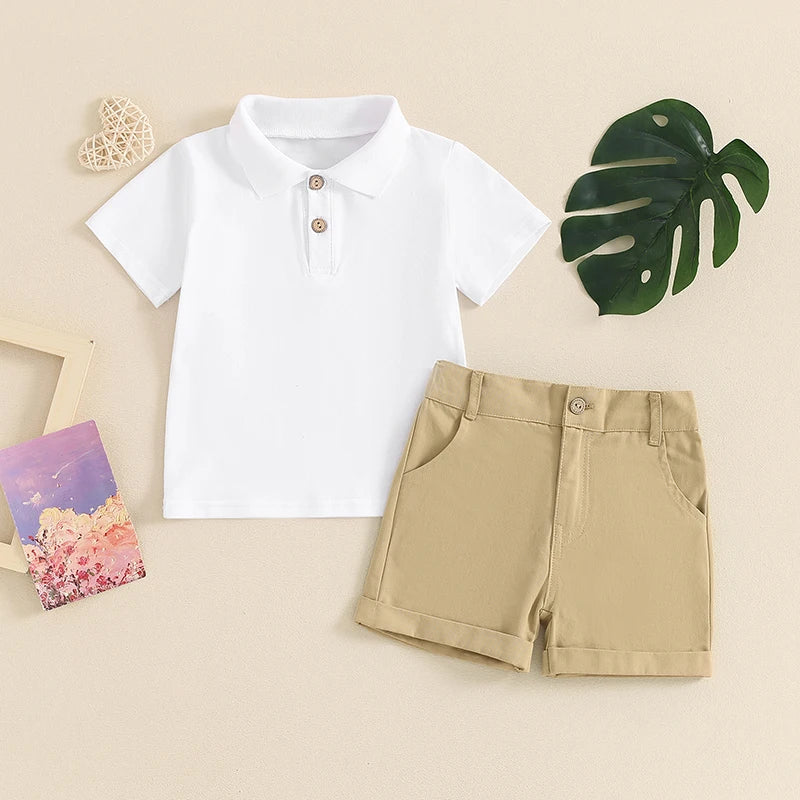 2024-03-20 Lioraitiin 1-5Y Summer Kid Boys Shorts Sets Short Sleeve Button Up Shirt Tops and Solid Color Shorts Sets 2PCS