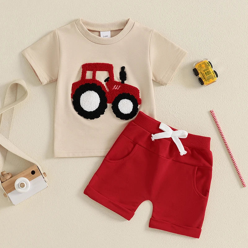 2024-11-21 Lioraitiin Toddler Boys Summer Outfit Truck Embroidered O-Neck Short Sleeve T-Shirts Elastic Waist Shorts Clothes Set