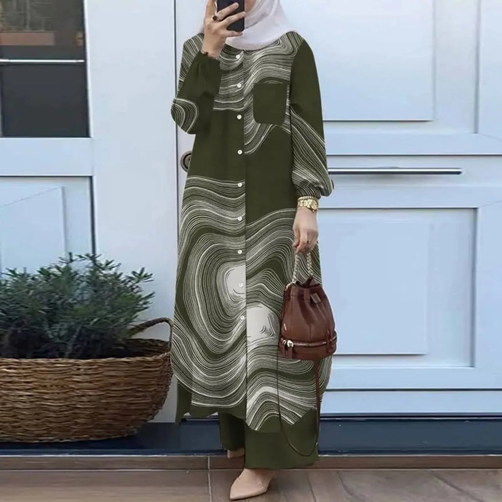 Muslim Sets Turkey Dubai Abaya Women Long Sleeve Buttons Up Shirt Set Causal Pants Suits Abayas For Women IsIamic Outifits