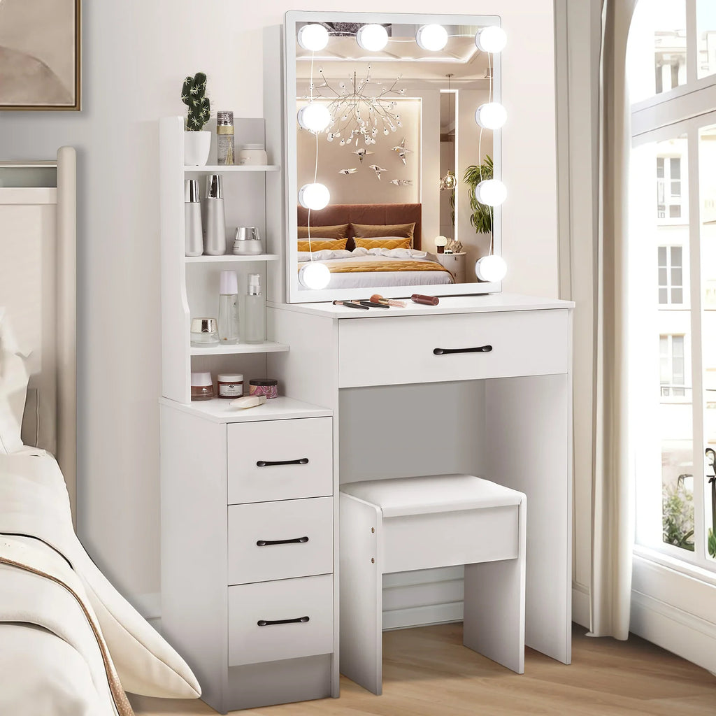 Modern White Dressing Table Stool Set with LED Light Mirror Vanity Make up Desk