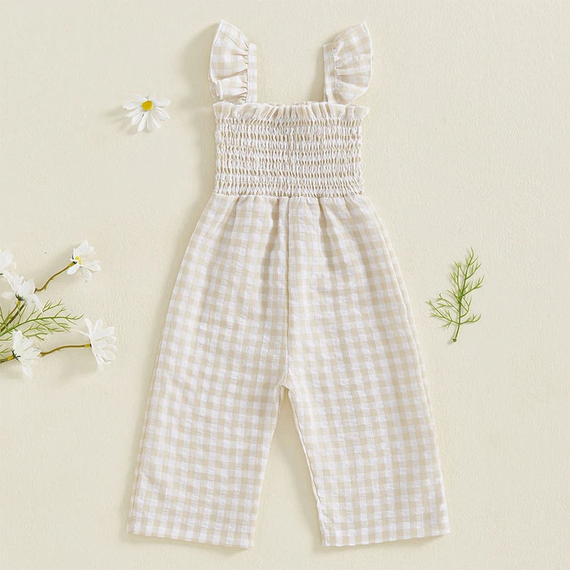 2025-01-06 Lioraitiin Baby Girl Rompers Ruffle Sleeveless Plaid Print Smocked Jumpsuit Suspender Pants Summer Outfit