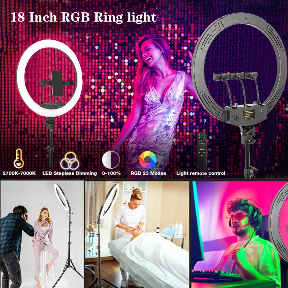 Dimmable Selfie Ring Lamp 18 Inch RGB Ring Light Photography With Tripod Phone Clip For Live Make Up Youtube Photography Studio