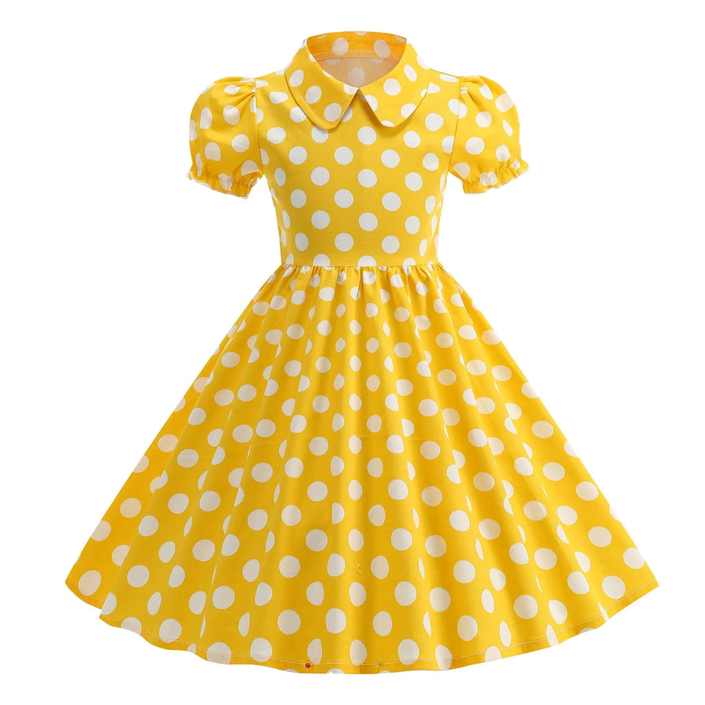 Girls' Dress French Short Sleeve Polka Dot Dress Holiday Children'S Summer Dress Lapel Blouse Dresses Kids Vintage Dresses