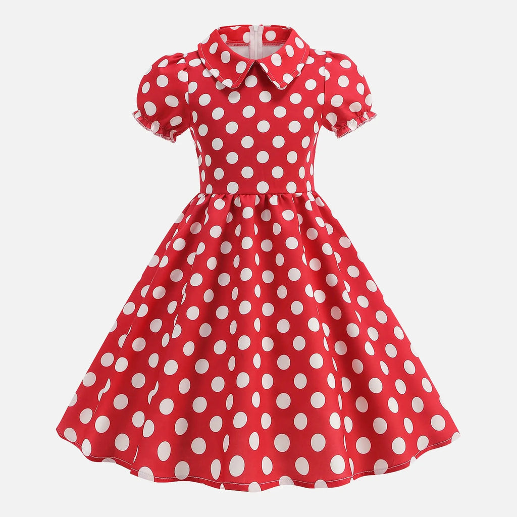 Girls' Dress French Short Sleeve Polka Dot Dress Holiday Children'S Summer Dress Lapel Blouse Dresses Kids Vintage Dresses