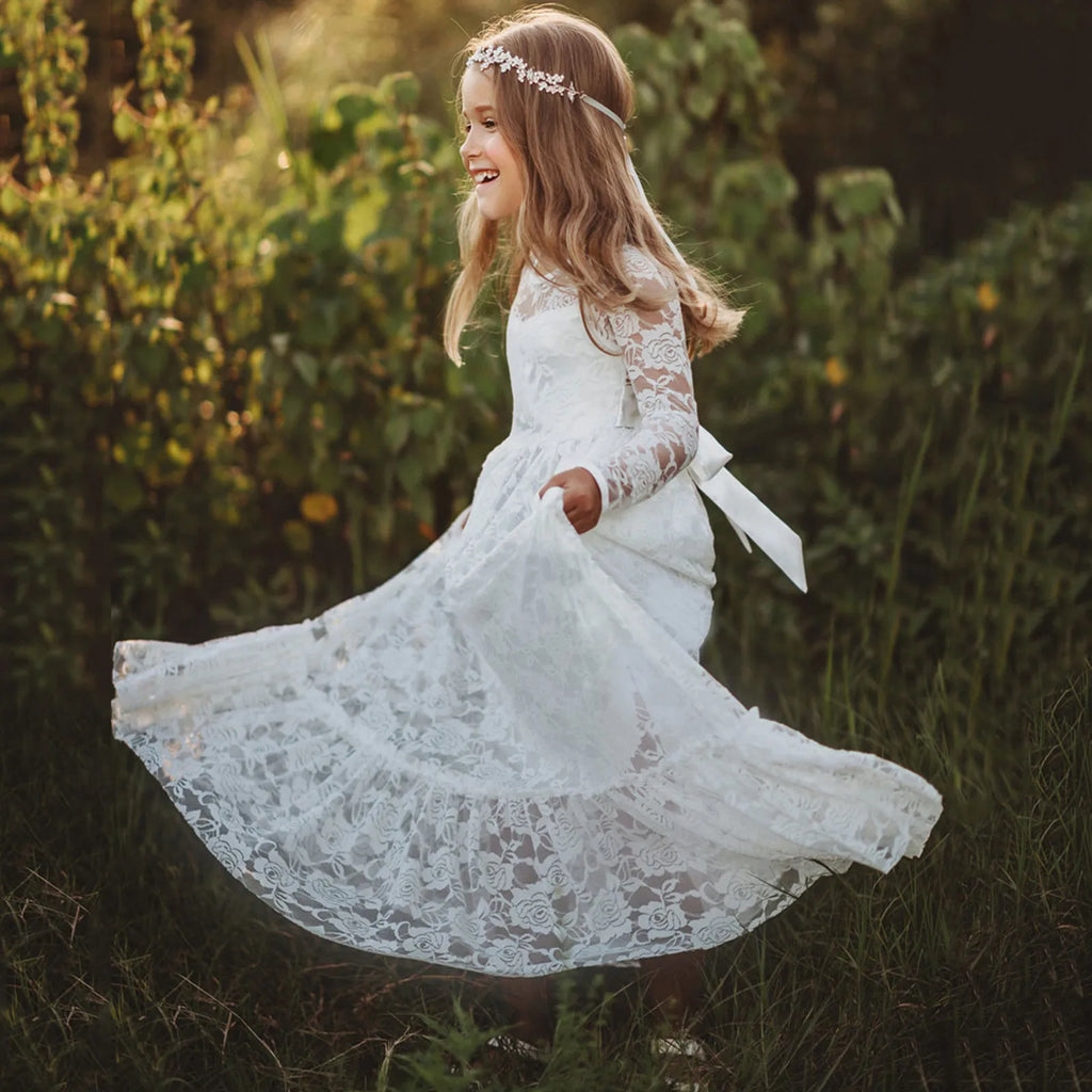 1st Birthday Outfit Girl Children's Lace Dress Dress Tie Belt Girls Chic Long Flower Girl Dresses Girl Bubble Dress