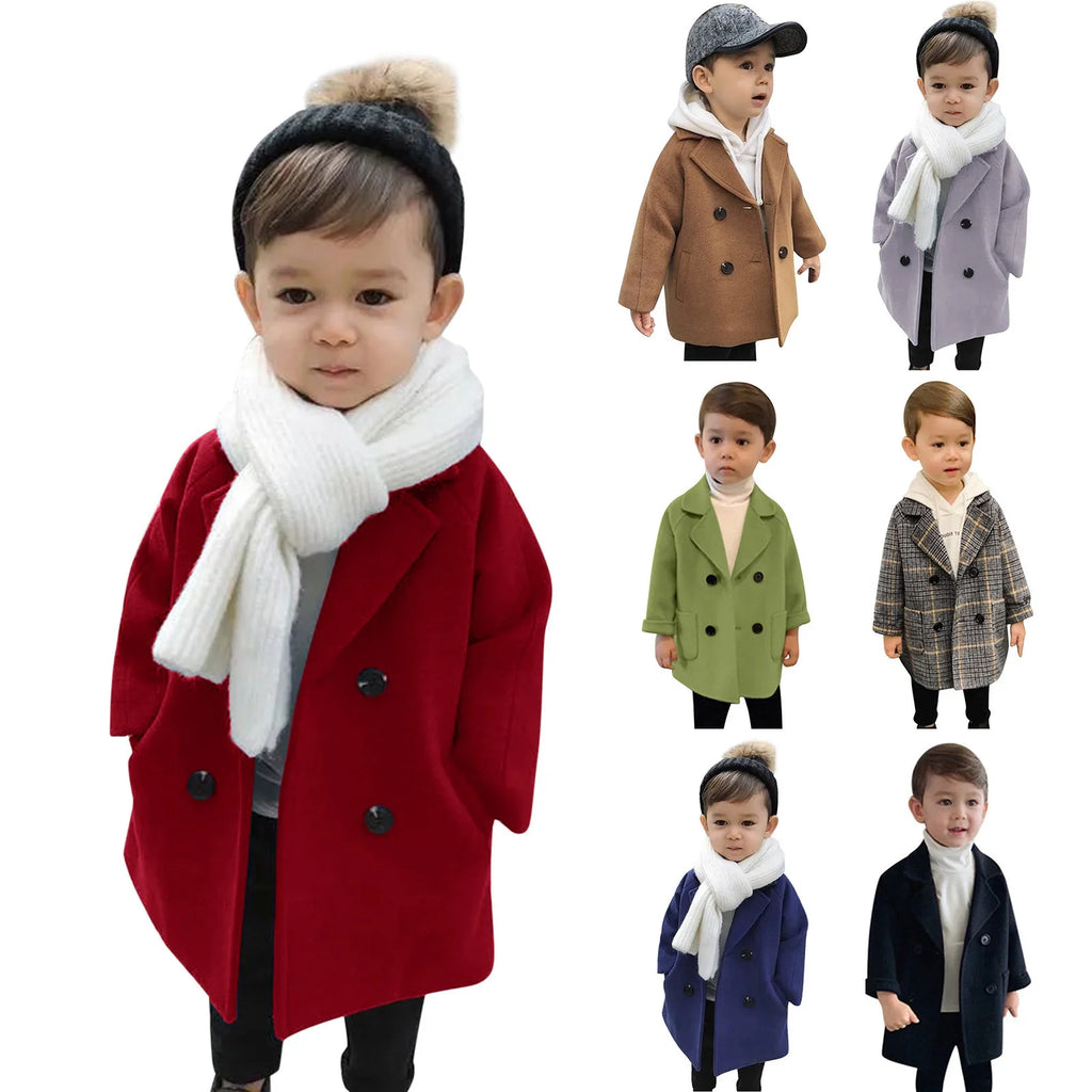 Kids Boys Coats Toddler Kids Baby Girls Boys Plaid Solid Coat Elegant Notched Double Breasted Jacket Boys Plaid Flannel Coat