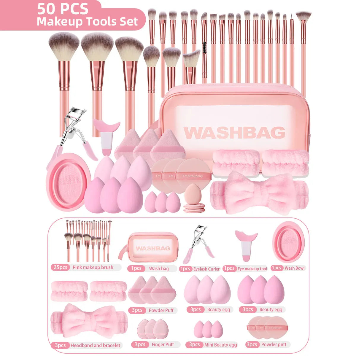 50PCS Makeup Tools:1PC cosmetic bag+25PCS Makeup brush set+9PCS Makeup Sponges+9PCS Powder Puffs+6PCS Makeup Tools