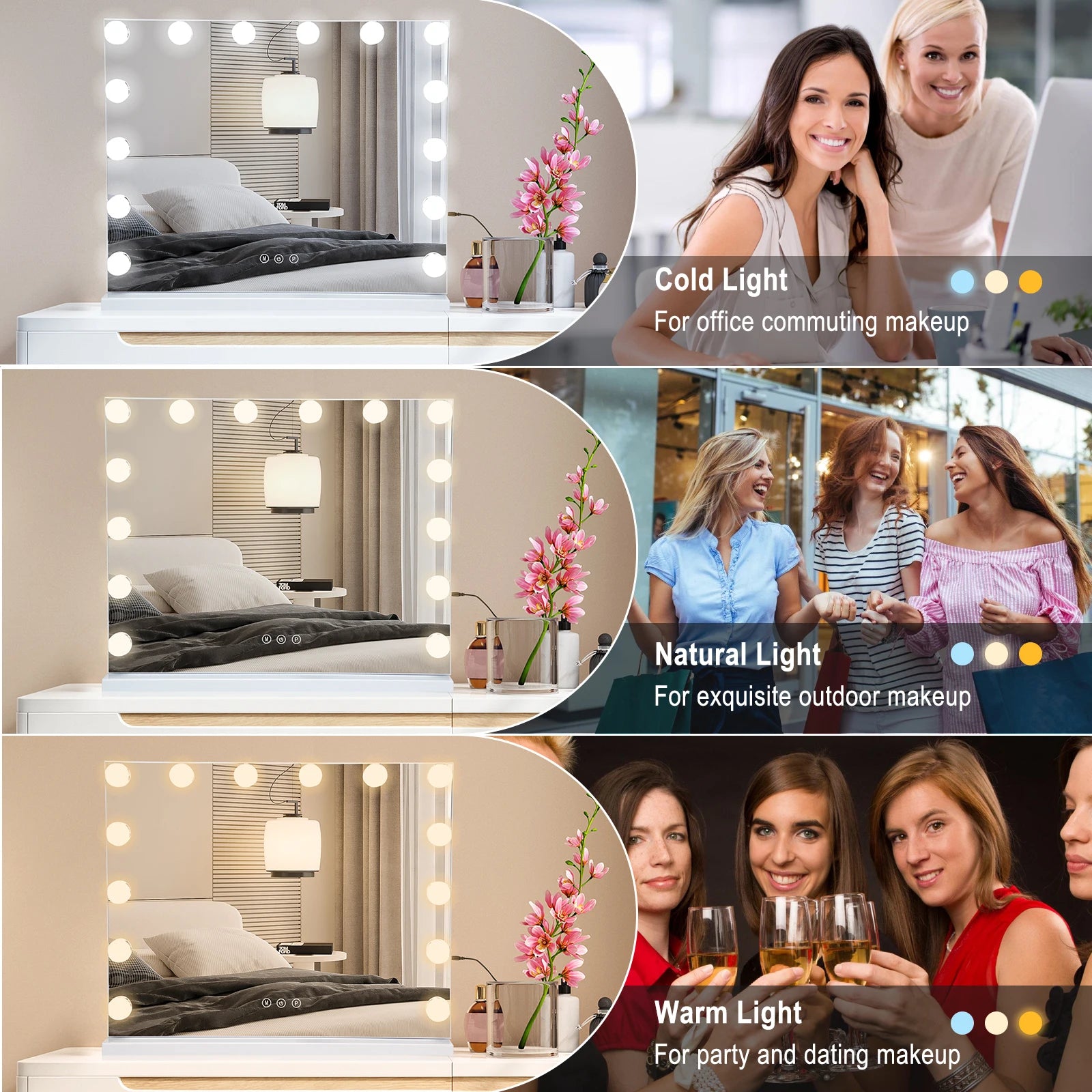 Large 50CM Hollywood Make-up Table Mirror Vanity Lights Mirror Dimmable 3 Color