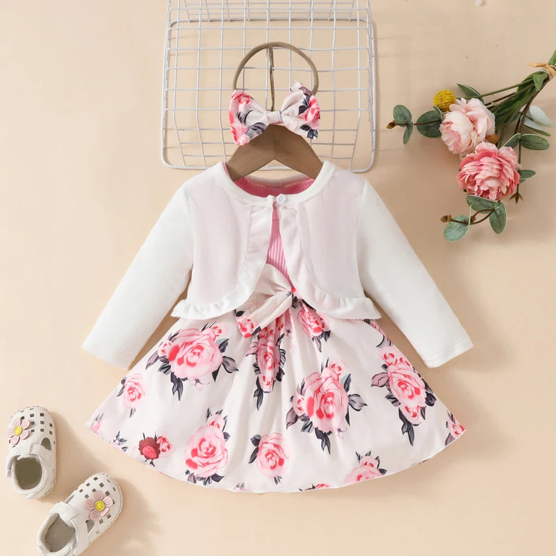 2024-05-27 Lioraitiin Toddler Girls Outfits Floral A-Line Sleeveless Dress Long Sleeves Jacket and Headband for Summer Clothes