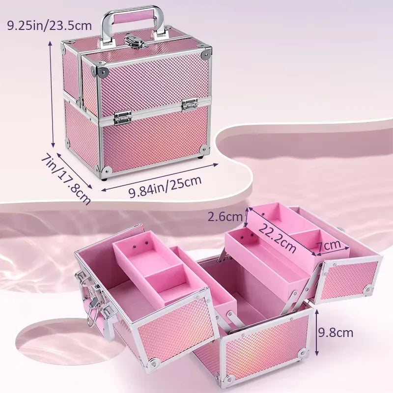 Makeup Train Case Cosmetic Organizer Case Portable Travel Storage Box 4 trays with Dividers Lockable Make Up Case Makeup Case