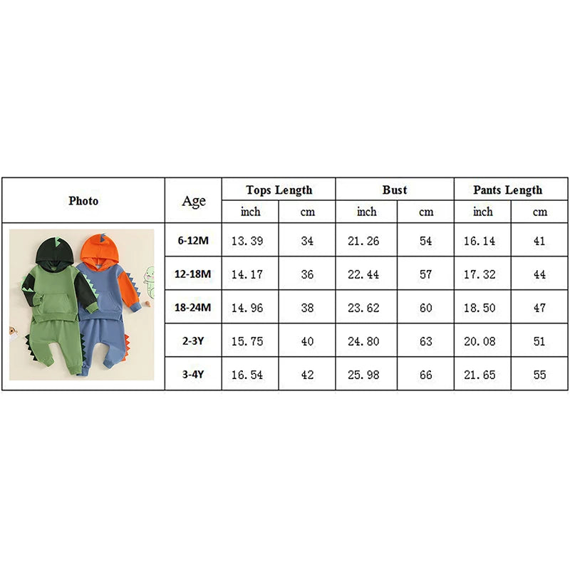 2024-05-27 Lioraitiin Toddler Boy Dinosaur Outfits, Contrast Color Long Sleeve Hoodie Elastic Waist Pants 2 Piece Set for Fall