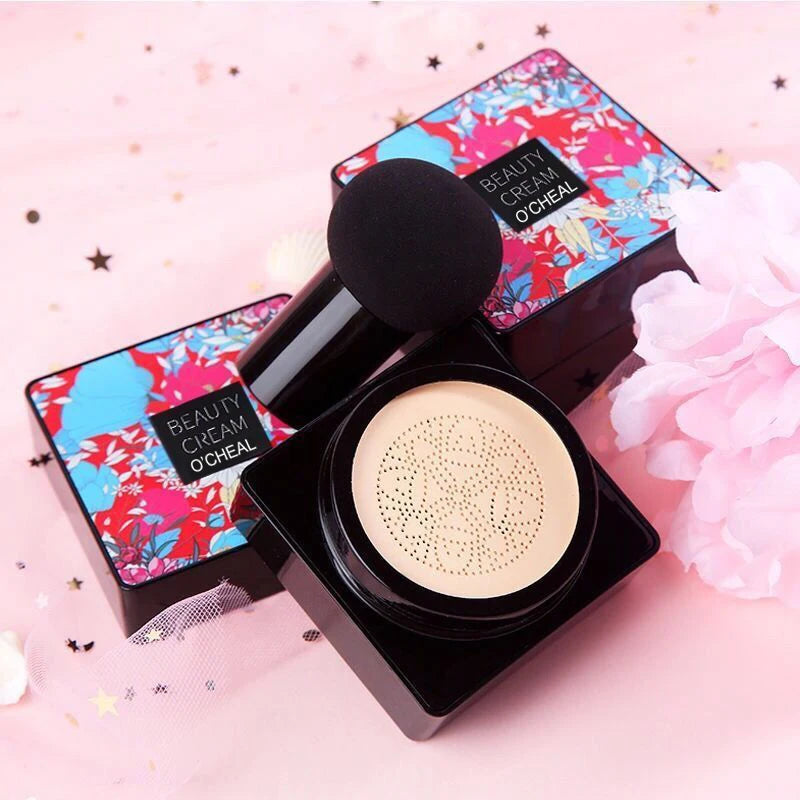 Mushroom Head BB Cream Cushion Foundation - open compacts flat lay with puff applicator