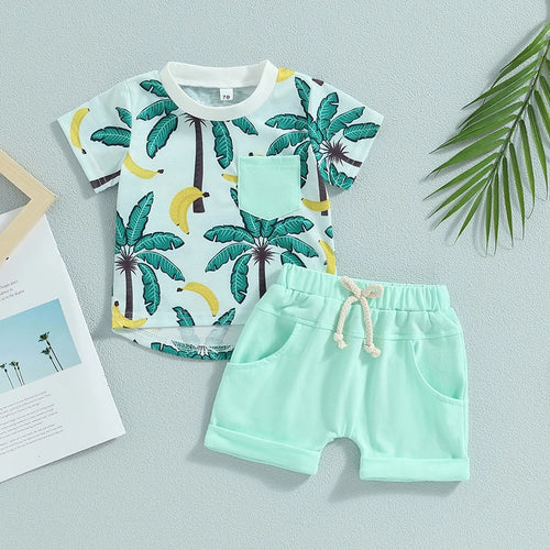 2023-04-21 Lioraitiin 0-3Years Toddler Baby Boy 2Pcs Summer Clothes Beach Tree Print Short Sleeve Crew Neck T-Shirts Shorts