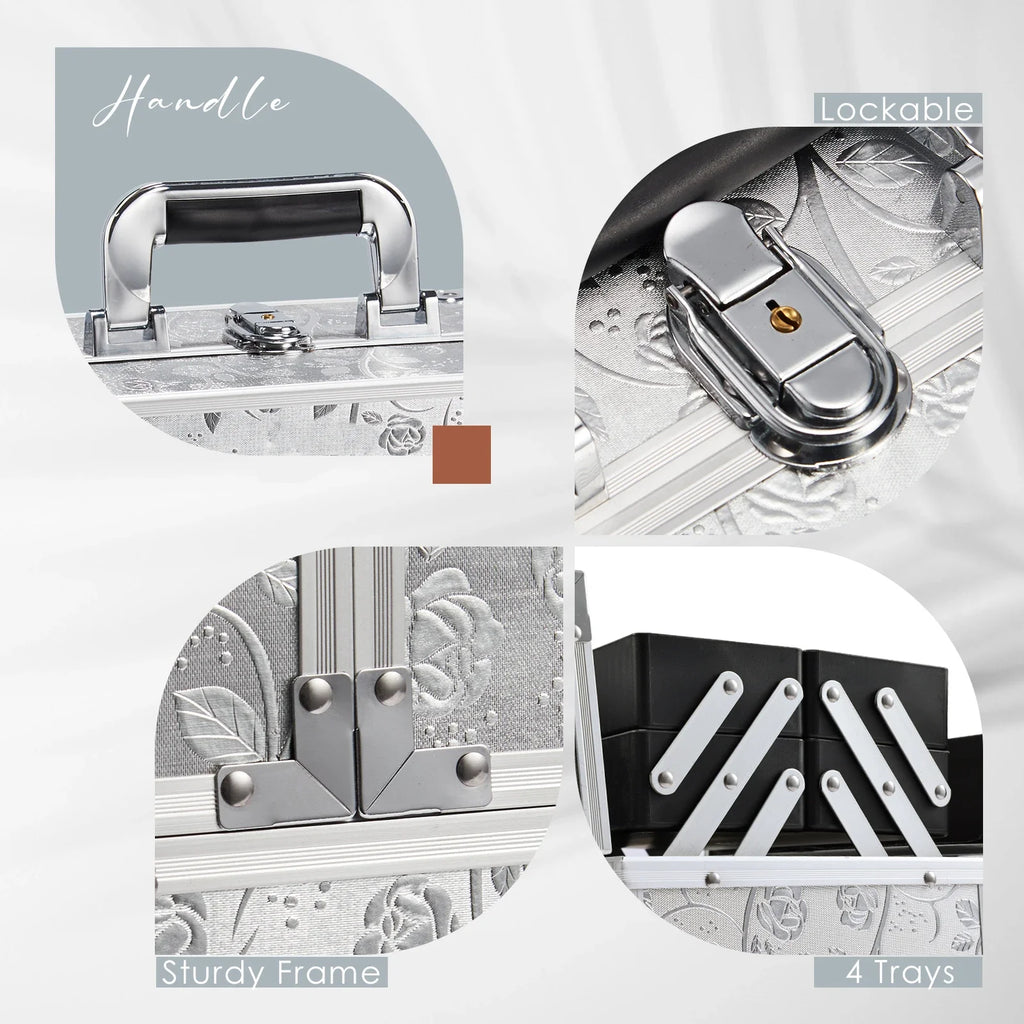 Makeup Train Case Cosmetic Organizer Case Portable Travel Storage Box 4 trays with Dividers Lockable Make Up Case Makeup Case