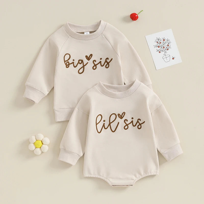 2023-08-15 Lioraitiin0-18M Sister Matching Romper Outfits Letter Print Long Sleeve Round Neck Sweatshirt Toddler Fall Clothes